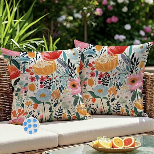 Outdoor Kissenbezug 50x50 Wetterfest Kissen Kissenhülle Blau Bunte Blumen Frühling Gartenkissen Wasserdicht Kissenbezüge Sommer Dekorative Zierkissenbezug Polster Sofa Garten Balkon Deko 2er Set