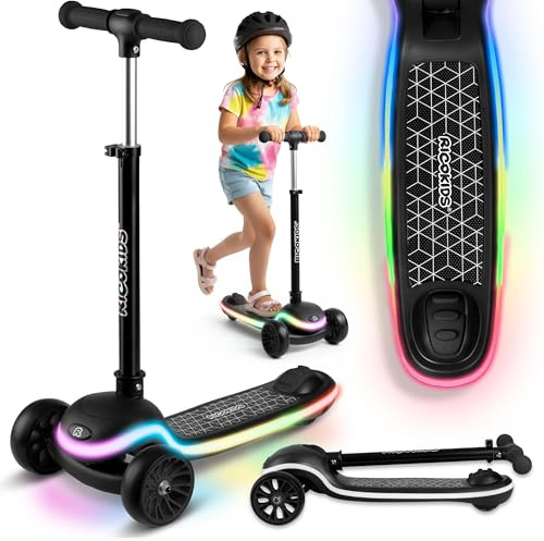 Ricokids Roller Kinder 3 Jahre - Dreirad Kinderroller - Klappbarer Scooter mit LED Leuchtdeck - 20 Lichtmodi - 3-stufige Höhenverstellung - Leddi Schwarz, Rosa