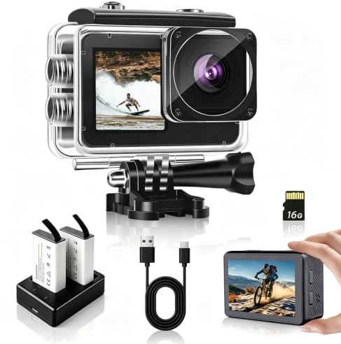 fceoul Action Cam 1080P FHD 16MP, Fotocamera Subacquea 40M con Doppio Schermo 2 e 1.3, Action Cam Moto per Vlog e Sport, con Scheda 16GB, 2 Batterie 1050mAh e Accessori(Nero)