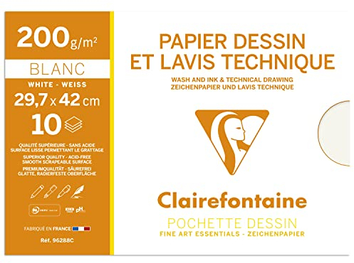 Clairefontaine 96288C Mappe Zeichenpapier (ideal für technische Zeichnungen, DIN A3, 29,7 x 42 cm, 10 Bögen, 200 g) weiß