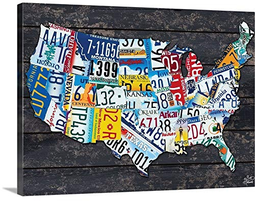 CANVAS ON DEMAND Usa License Plate Map Canvas Wall Art Print by Brittney Hallowell, Contemporary, Home Decor, America, United States Artwork, 24 x18in
