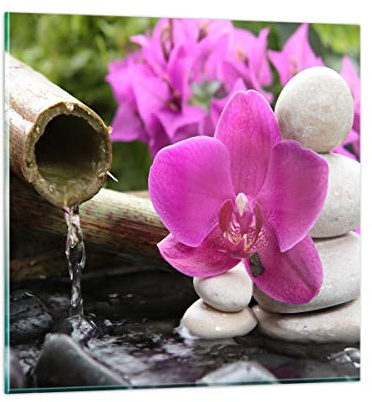 Bilder auf Glas Orchidee Bambus Dekoration Spa Glasbild 60x60cm Wandbilder Dekoration Wohnzimmer Schlafzimmer Küche Deko Groß Wanddeko Bild im Glas Wand Kunstdruck Art Modern Wall Decor GAC60x60-2666
