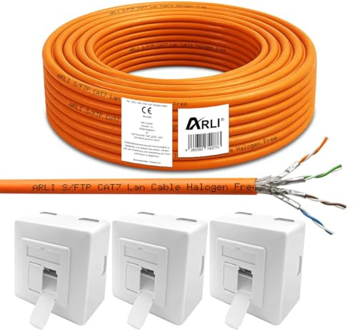 ARLI CAT 7 50m Verlegekabel Netzwerkkabel CAT.7 + 3x Cat6a Netzwerkdose 50 m Netzwerk Cat 6a Dose