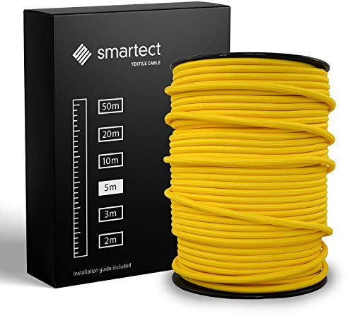 smartect Cable Textil en Color Amarillo, Cable Electrico 3 Hilos de 5 Metros (3 x 0,75 mm²) Cuerda para Lampara con Revestimiento Textil para su Proyecto DIY