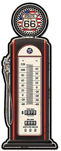 Plaque métal vintage avec thermomètre mural Route US 66 : idée cadeau déco originale pour amateurs de style rétro | Design intérieur 47.5x18.5cm