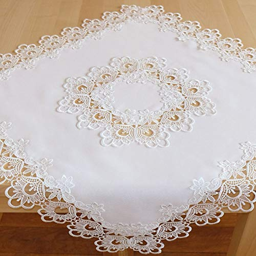 matches21 HOME & HOBBY Tischdecke INES 110 x 110 cm edle Spitzenbordüre Mitteldecke wollweiß Vintage Tischdeko Polyester