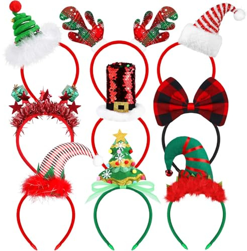 Elcoho 9er-Pack Weihnachten Stirnbänder Weihnachten-Party-Spielzeug-Hüte Kostüm Rentier Santa Stirnbänder für Weihnachten, 9 Stile