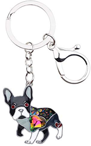 DUOWEI Schlüsselanhänger mit französischer Bulldogge, Emaille, Strass, für Damen und Mädchen