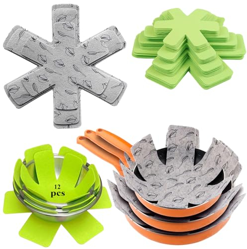 Naturezhen 12 Protectores para Sartenes Antideslizantes - Tela No Tejida, 6 Tamaños + 2 Colores | Almohadillas Separadoras contra Arañazos (Set de Cocina)