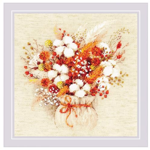 Riolis Kreuzstich-Set Blumenstrauß mit Samtgras und Baumwollballen 25x25 cm, Zählmuster
