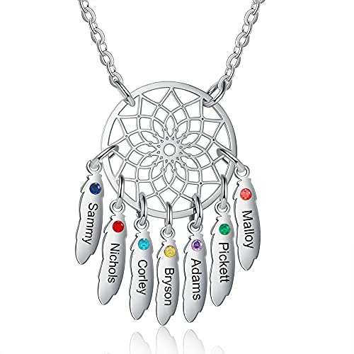 ALBERTBAND Personalisierte Namenshalskette Anhänger Dream Catcher Chain Choker Gravur 1-7 Namen für Frauen Dream Catcher Halskette mit Geburtssteinen (7 names)
