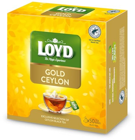 LOYD - Gold Ceylon Tee - 50 Pyramidenbeutel - Premium Qualität, Hochwertiger Schwarzer Tee aus Sri Lankas, Zart mit Einem Unverwechselbaren Geschmack & Goldenen Farbe, Ideal für Jede Tageszeit - 100g