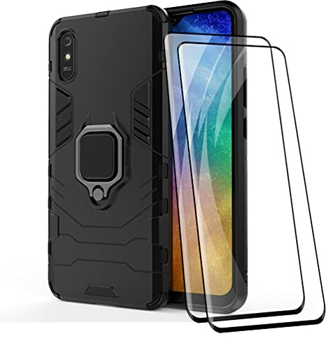 DOINK Ultra Panzerhülle für Xiaomi Redmi 9A / Redmi 9AT, TPU+PC StoßFest Hülle mit Ring Ständer [mit 2 Stück Panzerglas Displayschutzfolie ] - Schwarz
