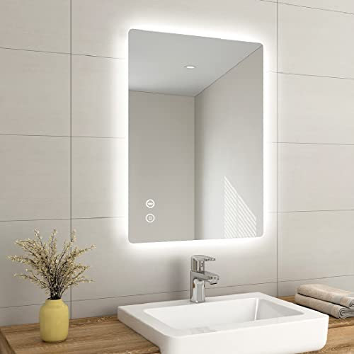 EMKE 800 X 600 mm Backlit Illuminated Bluetooth Bathroom Mirrors with Shaver Socket, Wall Mounted Multifunction Bathroom Vanity Mirror with LED Lights and Demister Pad, Energy-Saving LED Smart Mirrors