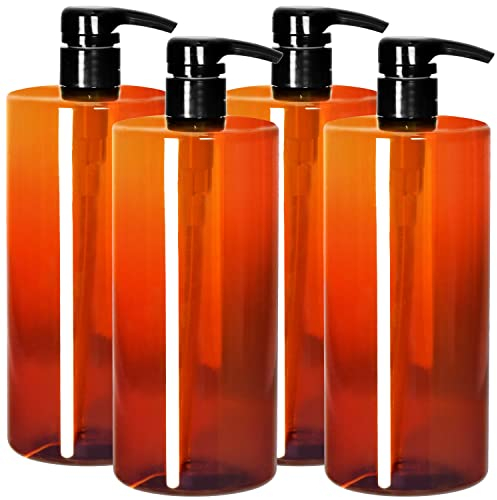 Youngever Lot de 4 Bouteille Pompe Shampoing 1L, Bouteille Pompe Vide Plastique 1000ML, Distributeur Flacon Pompe (Amber)