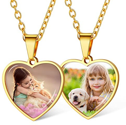 Custom4U Collana Personalizzata con 1/2 Foto e Nome/Testo Incisione Laser Ciondolo a Cuore/Rotondo Colore Argento/Nero/Oro Regalo Commemorativo