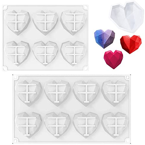 ProsXinty 3D Diamant coeur moule en silicone, 8 et 6 trous moule patisserie Moule en Silicone Antiadhésif, Convient pour décoration de gâteaux bonbons chocolat glaçons
