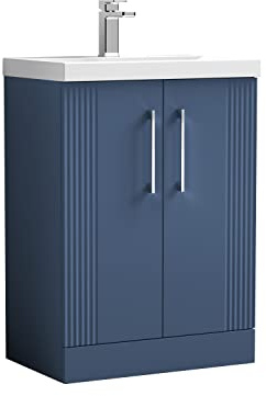 nuie DPF325A Deco Modern Bathroom Floor Standing 2 Door Part Fluted Vanity Basin Unit with Mid-Edge Ceramic Basin, 600mm, Satin Blue