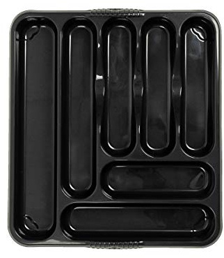 JMS we create smile Compact Cutlery Organiser Tray High Grade Durable Plastic Compartment Cutlery Storage Stand Holder Caddy Organiser for Kitchen Drawers (Large, Midnight Grey/Dark Grey)