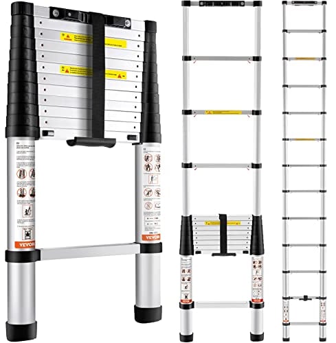 VEVOR Escalera Telescópica de Aluminio Altura de 380cm Escalera de Extensión Plegable Portátil Capacidad de 170kg con Pies Antideslizantes 1 Botón de Retracción para Reparaciones de Hogar Autocaravana