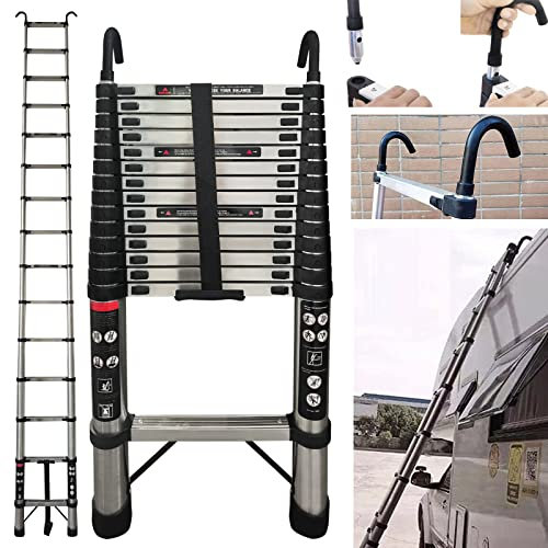 4.4M Telescopic Step Ladder Extendable With 2 Detachable Hooks, 14.4FT Multi-Purpose Stainless Steel Roof Extension, Collapsible Portable 14 Step Adjustable Loft Ladder