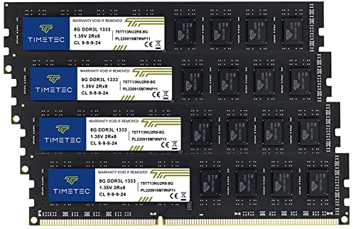 Timetec 32GB KIT(4x8GB) DDR3/DDR3L 1333 MHz PC3-10600 Non-ECC Ungepuffert 1,5V/1,35V CL9 2Rx8 Dual Rank 240 Pin UDIMM PC-Desktop-Computer-Speicher RAM-Modul-Upgrade