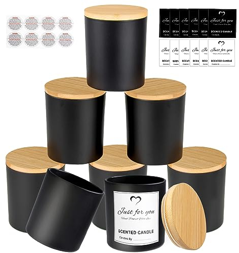 CONNOO Leere schwarze Glas-Kerzengläser für die Herstellung von Kerzen mit Bambusdeckel und Klebeetiketten, Großkerzengläser für die Herstellung von Kerzen – Gewürz-, Pulverbehälter, 8 Stück