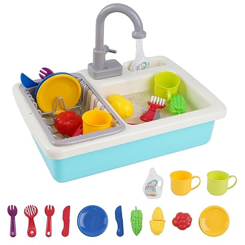 Kitchen Sink Toys with Running Water Pretend Play Kitchen Set for Kids Cooking Washing Dishwasher Accessories, Role Play Kitchen Set Gift for Boys Girls Toddlers