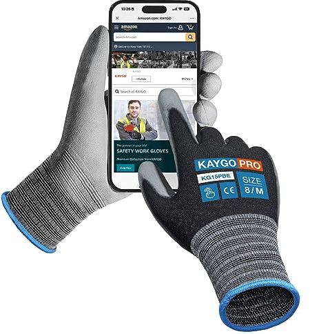 KAYGO 6 Paar Arbeitshandschuhe Dünn Tastsensibel Touchscreen, KG15P, Atmungsaktiv Nylon Liner mit PU Beschichtung, Leichte Schutzhandschuhe für Präzision Feine Arbeit, DIY (Schwarz, M, Gr 8)