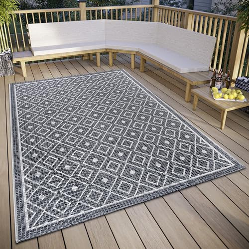 Hanse Home Lahal Outdoor Teppich Wetterfest – Modernes Geometrisches Rauten Muster, Wasserfest robuster Aussenteppich Flachgewebe für Garten, Balkon, Terrasse, Wohnzimmer – Grau Beige, 63x120cm
