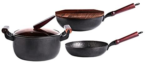BONOOL Batterie de Cuisine Woks Chinois en Fer antiadhésif Robuste et poêles antiadhésives à Sauter avec Un Couvercle Ensemble de casseroles A.Kit Batterie de Cuisine.