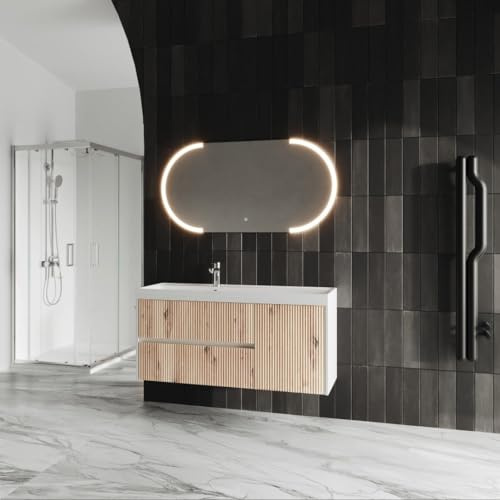 Kiamami Valentina Mueble baño suspendido 120 cm Roble Oro canteado Cortina | Lavabo de resina con seno único, espejo ovalado LED touch 120x60 cm, 2 cajones y 1 puerta, cierre suave