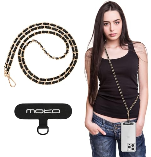 MoKo Cordon de Téléphone en Métal, Lanière de Téléphone Portable avec Sangle Mains Libres Détachable, Tour de Cou Smartphone pour Voyage, Randonnée et Déplacements Quotidiens - Or + Noir