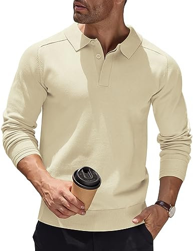 COOFANDY Men's Jumpers Sweatshirts Tops Casual Smart Sweater Long Sleeve Polo Shirts Polo Neck Jumpers Winter Jumper Thermal Jumper Regular Fit Cream Color XL