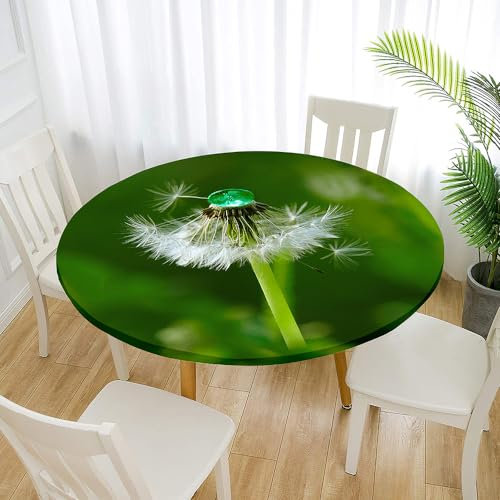 Morbuy Rund Tischdecke Elastisch, Löwenzahn Drucken Lotuseffekt Tischdecke Rund Tischdecken Abwaschbar Gartentischdecke Indoor Outdoor Tischtuch (Für Tisch 80-90 cm,Grün)