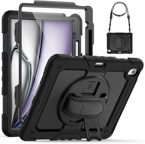 SEYMCY Case for iPad Air 13 inch 2025 (M3)/ 2024 (M2), Full Body Shockproof with Screen Protector, 360° Rotating Stand & Hand Strap, Shoulder Strap, Pencil Holder, Black