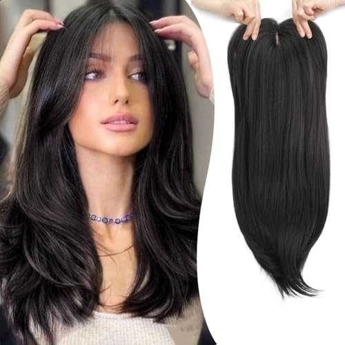 PORSMEER Haar-Topper Schwarz haarteile für Frauen,45cm Lang Gewelltes Synthetische Perücken-Topper für dünnes Haar Highlight Clip In Wiglet mit Pony Haarvolumen hinzufügen