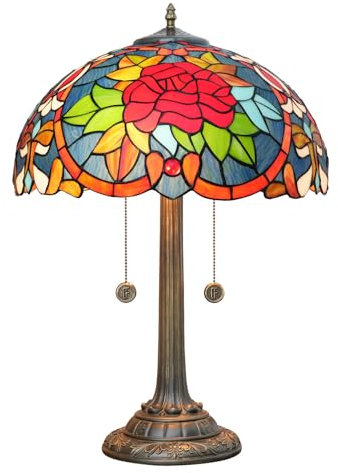 BOTOWI 16 Zoll Tiffany Lampe Glasmalerei Tischlampe Rot Gelb Schwarz Rose Blumen Schlafzimmer Nachttisch Luxus Tischlampe Schreibtisch Leselicht Home Decor Wohnzimmer Bürobeleuchtung,Blau