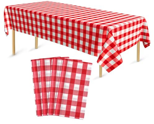 Bouiexye 4 Stück Einweg Tischdecken 137 x 274 cm Tischdecke aus Kunststoff rot weiß kariert Rechteckige Tischabdeckung Gartentischdecke für Gastronomie Party Hochzeiten Grillen Picknick