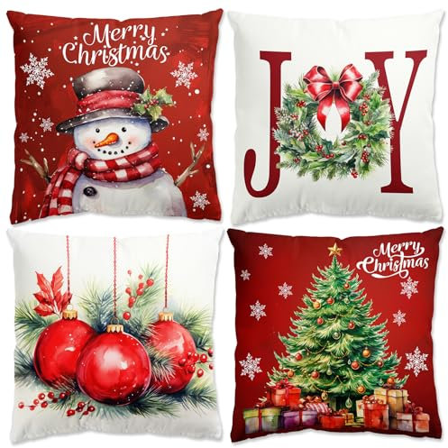 Kissenbezug Weihnachten 45 x 45cm 4er Set Weihnachtsdeko Kissenbezüge, Kissenhülle Weihnachten, Weihnachtsdeko Rot Kissenbezug für Christmas Decorations Indoor, Sofa, Schlafzimmer, Couch Pillow