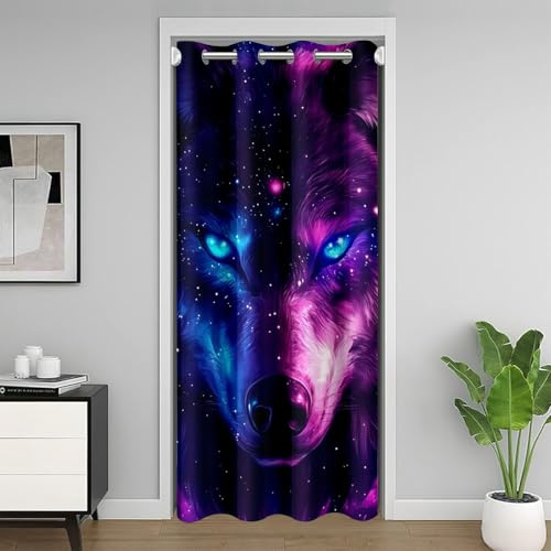 Loussiesd Wolf Türvorhang 86x203cm Wölfe heulen Vorhang Raumdekoration Tierwölfe Türvorhang Dekorativ Blau Lila Vorhang Dekor Vorhang
