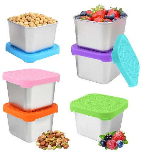 MOAMUN 6 PCS Stainless Steel Snack Pots, 6OZ Small Food Containers with Lids Kids Snack Box Food Container, Leakproof Reusable Salad Sauce Pots Lunch Box for Snacks Salad Fruit Yoghurt