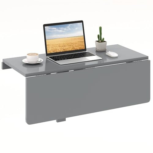 SFAREST Wall Mounted Table, Folding Multi-use Drop-Leaf Laptop Desk, Space Saving Hanging Table for Study, Bedroom and Living Room (Grey)