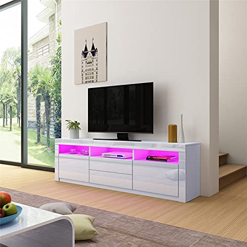 Komtopod Modern TV Stand, White, 160x35x60cm, Living Room, 2 Doors, 2 Drawers, High Gloss Front, Supports 60 Inch TVs