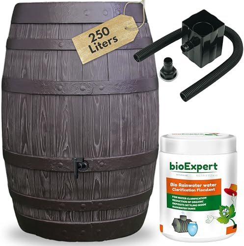 Rustic Oak Barrel Appearance Water Butt Kit With Tap, Diverter And Bio Cleaner - 250L Plastic Rain Water Collector for Garden - H36.61 x D25.6 in (93x65cm) With Faux wood texture in Brown