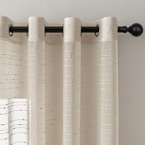 MYSKY HOME Vorhang Kurz Beige Gardinen mit Ösen Voile Vorhänge Kinderzimmer Gardine Wohnzimmer 2er Set Modern Streifen Ösenschal Transparent Dekoschal für Schlafzimmer H 160 x B 140, Beige.