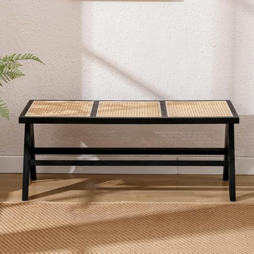 Ya-Home Esstischbank Rattan Sitzbank mit Massivholzbeinen Atmingsaktive Eingangsbank Esszimmerbank Küchenbank ohne lehne für Esszimmer/Balkon/Flur, Schwarz