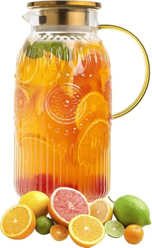 Amzcku Pichet en verre avec couvercle, 2 litres, carafe à eau vintage en verre pour infusion à froid, café, limonade, thé glacé, boissons, carafe en verre résistant à la chaleur