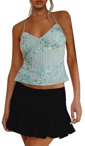 YINGKE Damen Tops Y2K Pailletten Sexy Camisole Tank Top Camisole Tank Sommer Party Camisole Tank(L, Grün)