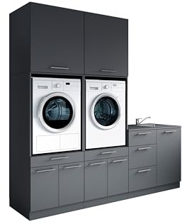 Laundreezy Waschraum Komplett-Set Anthrazit Modulares Schranksystem | 236 x 238 x 68 cm (B/H/T), Softclose, mit viel Stauraum, für Hauswirtschaftsraum, Waschküche, Keller, Bad